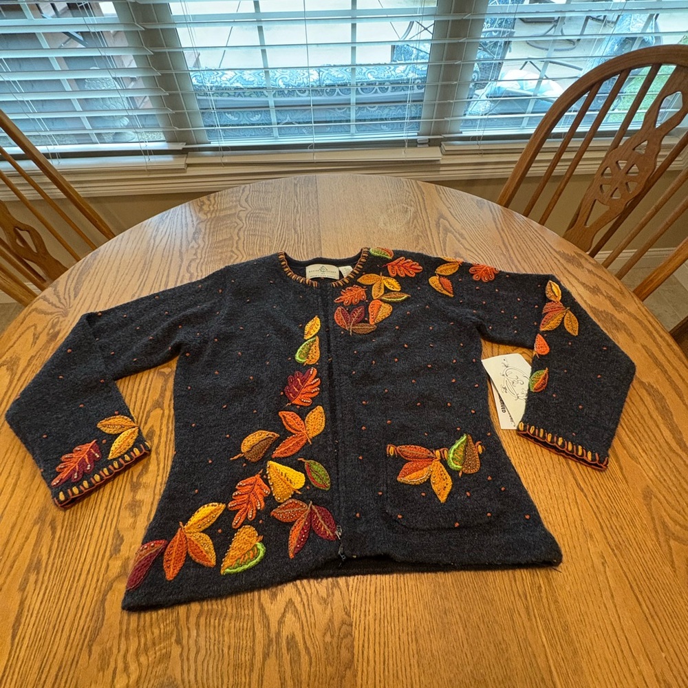 Design Options Philip Jane Gordon Fall Leaf Embroidered Cardigan Sweater XL READ
